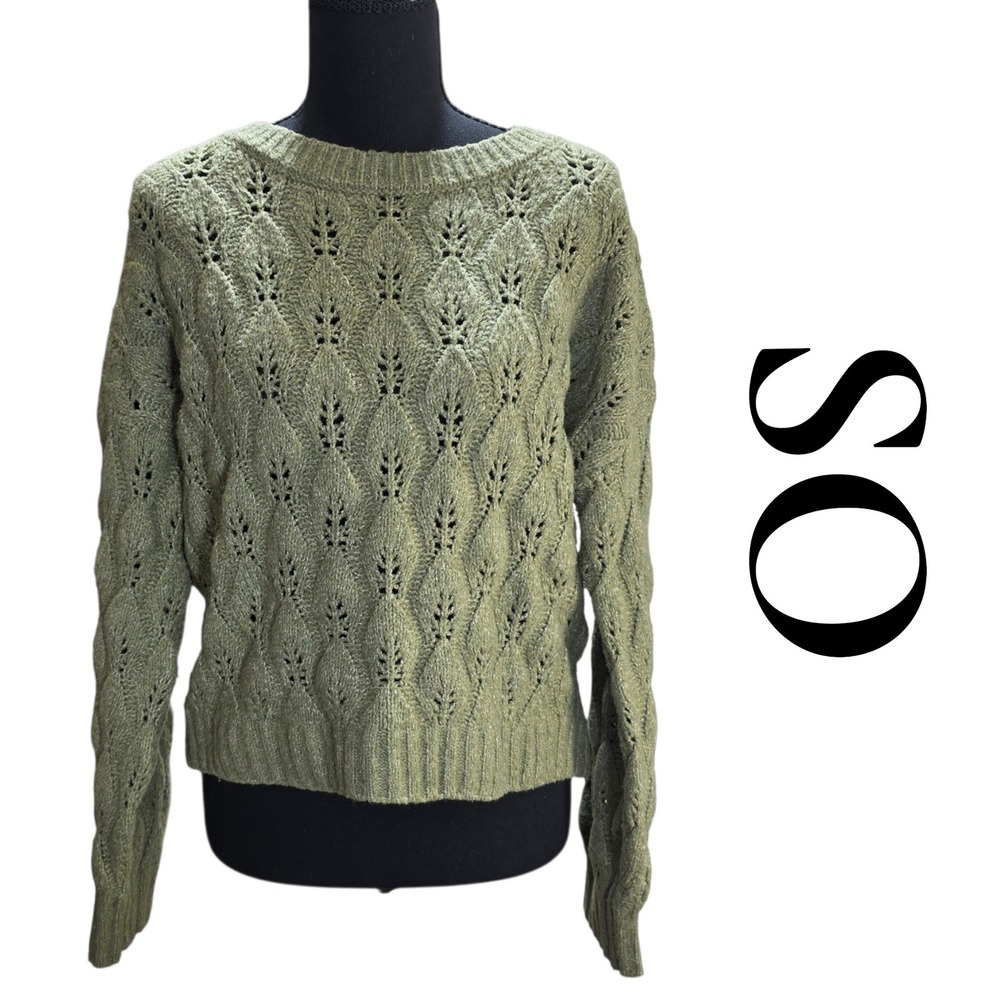 SO Sweater Womens Medium Green Pointelle Leaf Knit Crewneck Boho Soft Cabincore